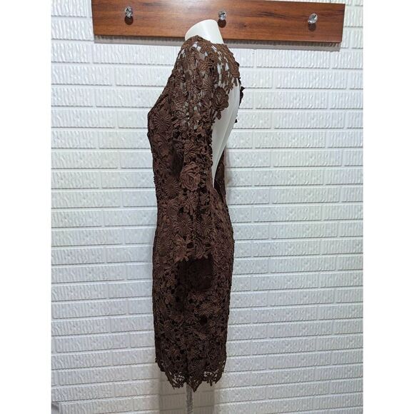 Just Me Women's Brown Floral Lace Embroidered Open Back Long-Sleeve Dress Size L - Picture 5 of 6